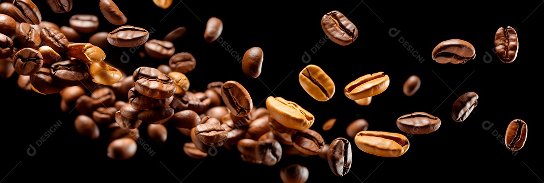 Grãos de café torrados sobre fundo isolado