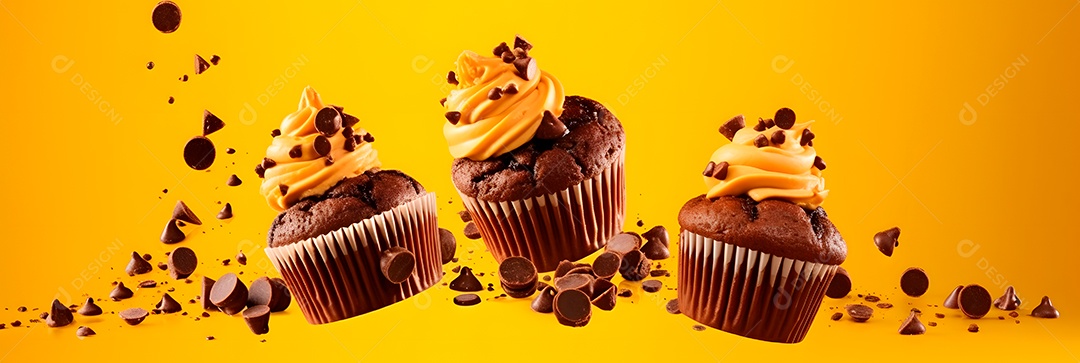 Cupcakes saboroos e pedaços de chocolate sobre fundo isolado amarelo