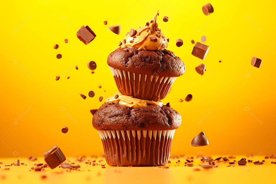 Cupcakes saboroos e pedaços de chocolate sobre fundo isolado amarelo