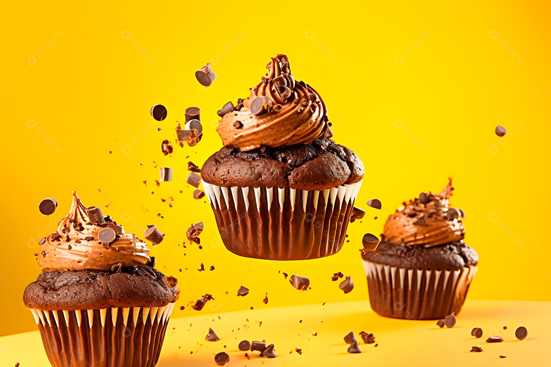 Cupcakes saboroos e pedaços de chocolate sobre fundo isolado amarelo