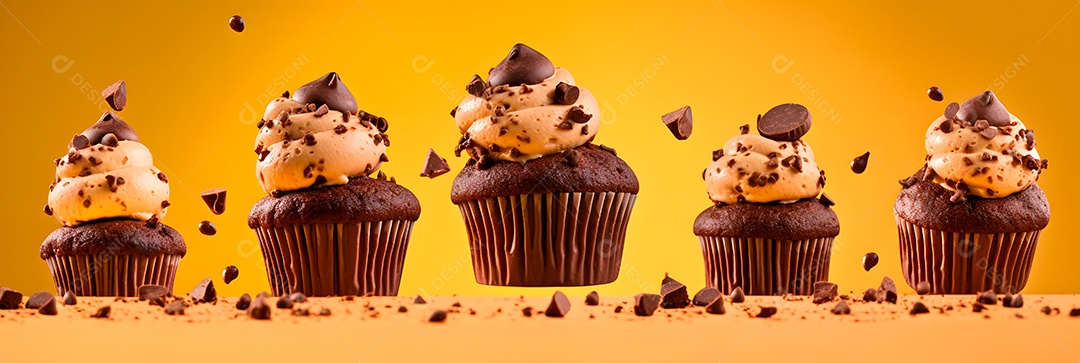Cupcakes saboroos e pedaços de chocolate sobre fundo isolado amarelo