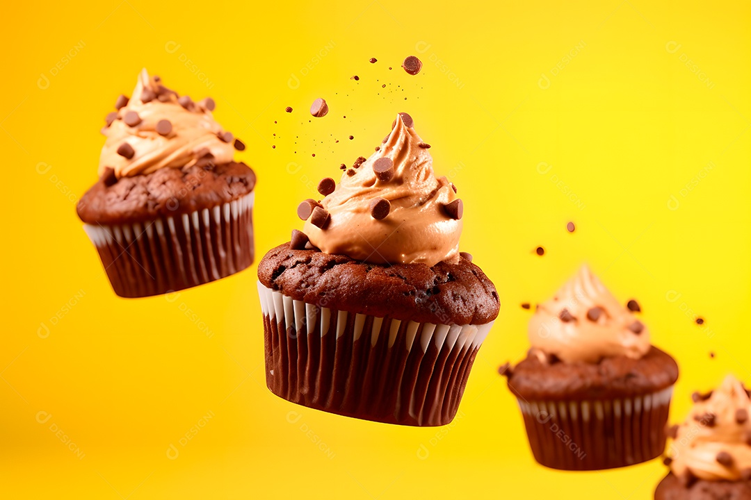 Cupcakes saboroos e pedaços de chocolate sobre fundo isolado amarelo