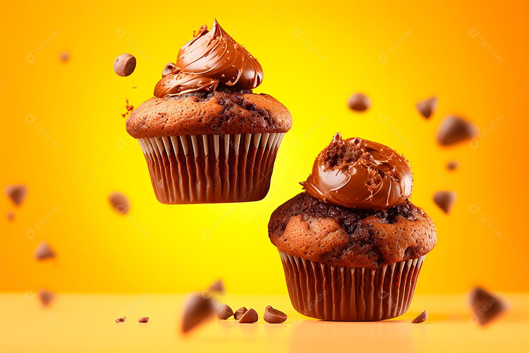 Cupcakes saboroos e pedaços de chocolate sobre fundo isolado amarelo