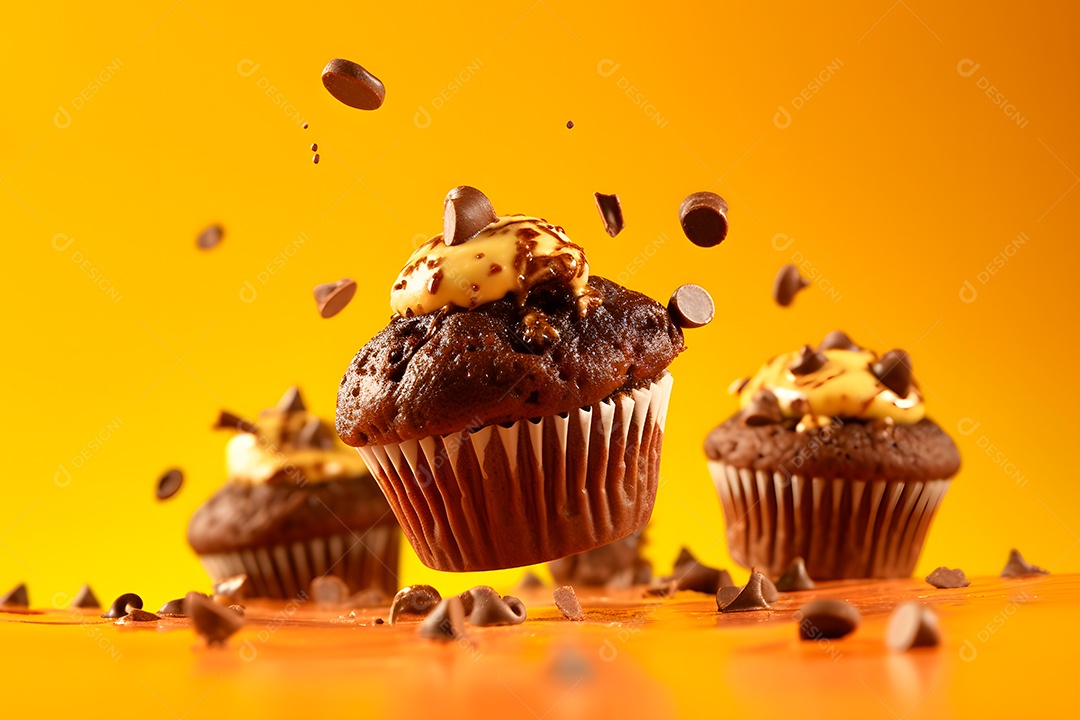 Cupcakes saboroos e pedaços de chocolate sobre fundo isolado amarelo
