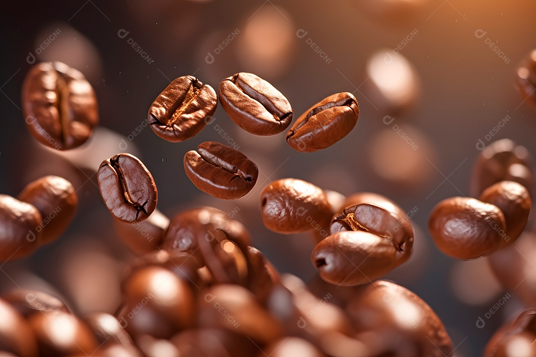 Grãos de café torrados caindo sobre fundo desfocado