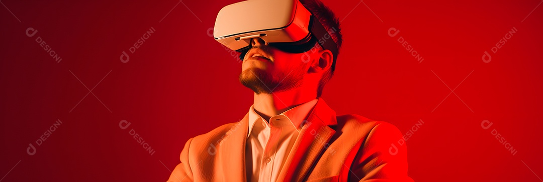 Retrato realista de homem usando óculos realidade virtual