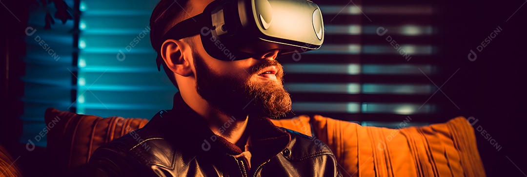 Retrato realista de homem usando óculos realidade virtual
