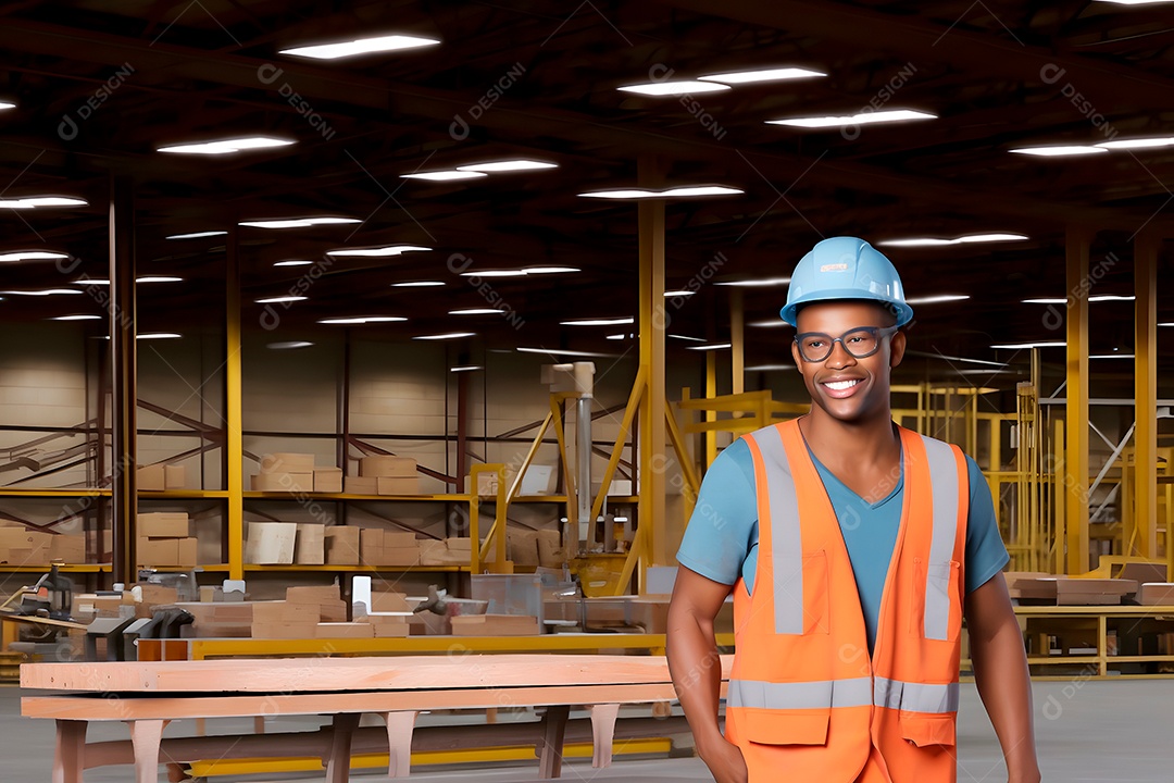 Trabalhador mestiço sorridente, usando capacete, em pé em um armazém