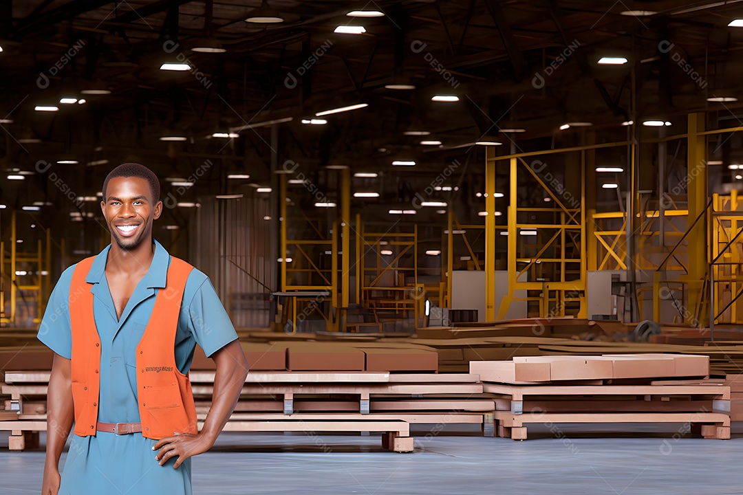 Trabalhador mestiço sorridente, em pé em um armazém