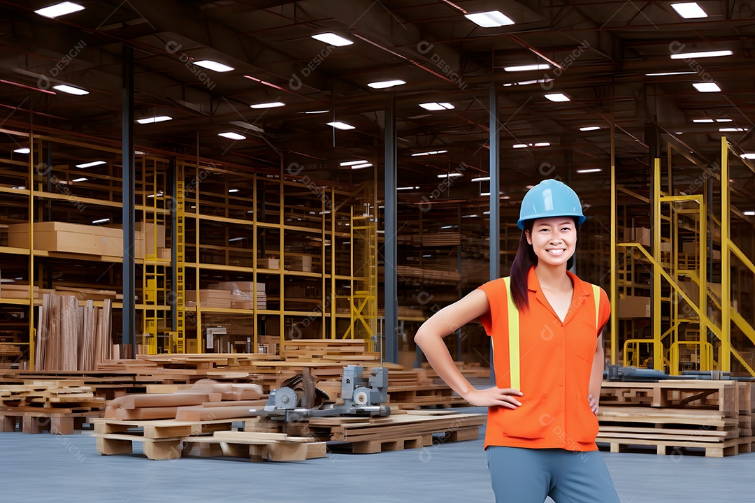 Trabalhadora mestiça sorridente, usando capacete, em pé em um armazém