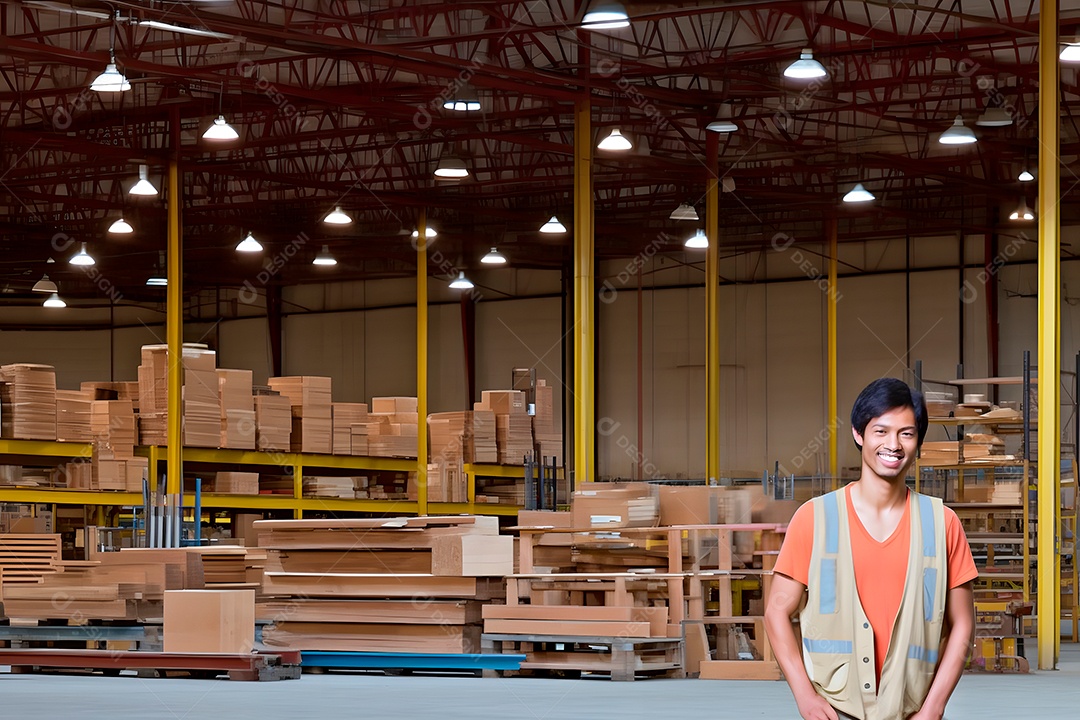 Trabalhador mestiço sorridente, em pé em um armazém