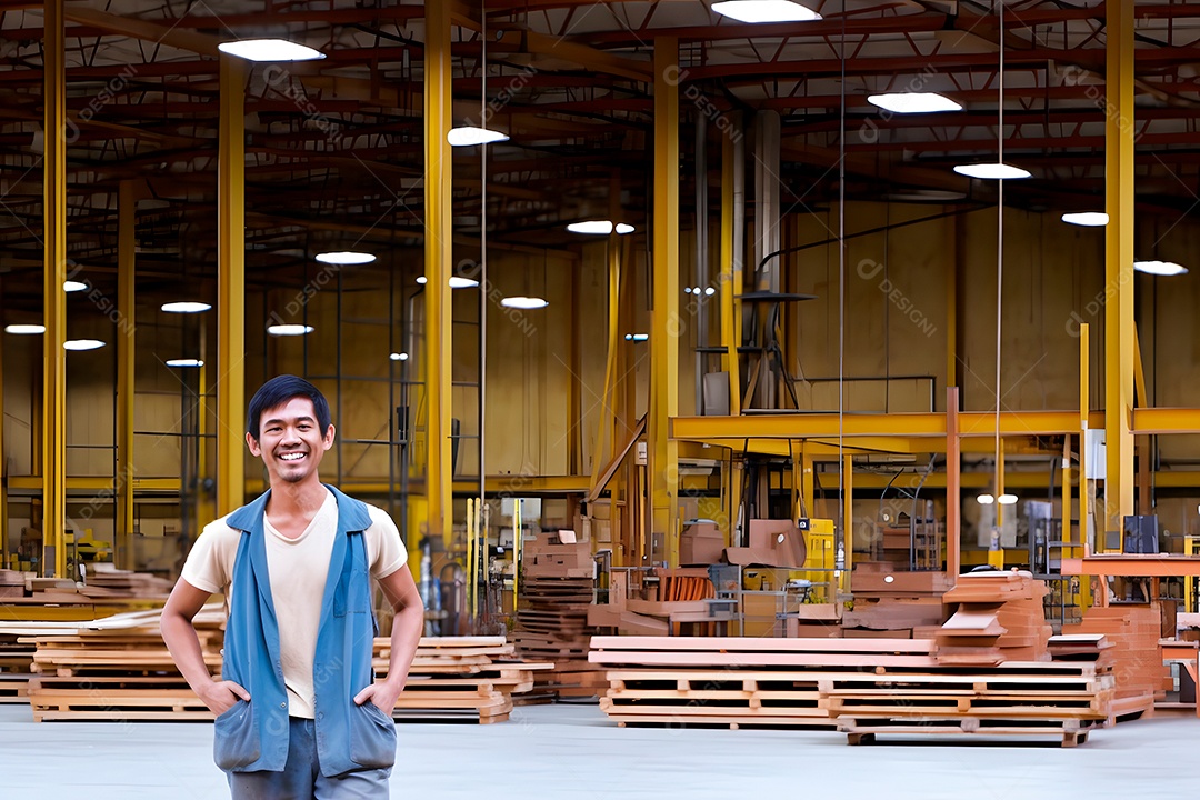 Trabalhador mestiço sorridente, em pé em um armazém