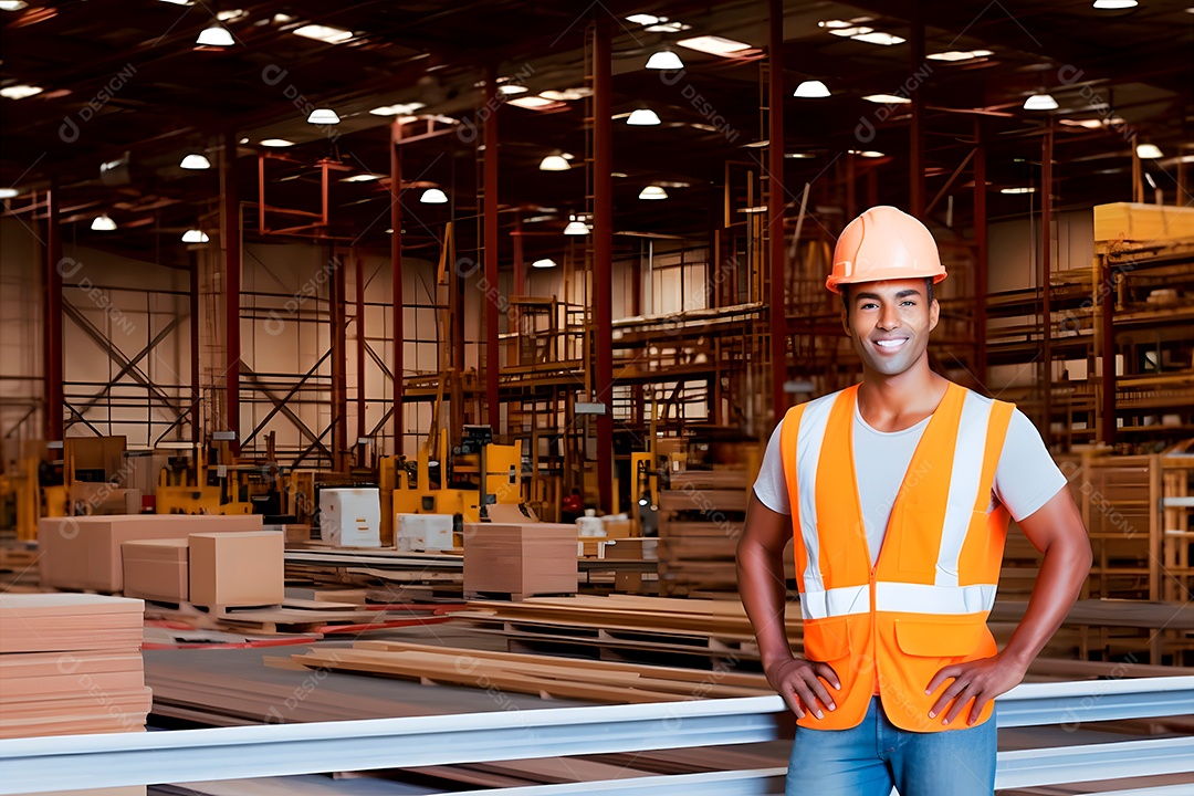 Trabalhador mestiço sorridente, usando capacete, em pé em um armazém