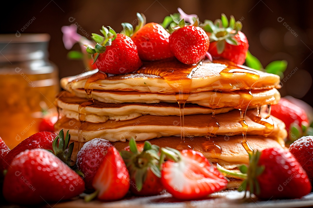 Pilha de panquecas em um prato em mesa de café da manhã