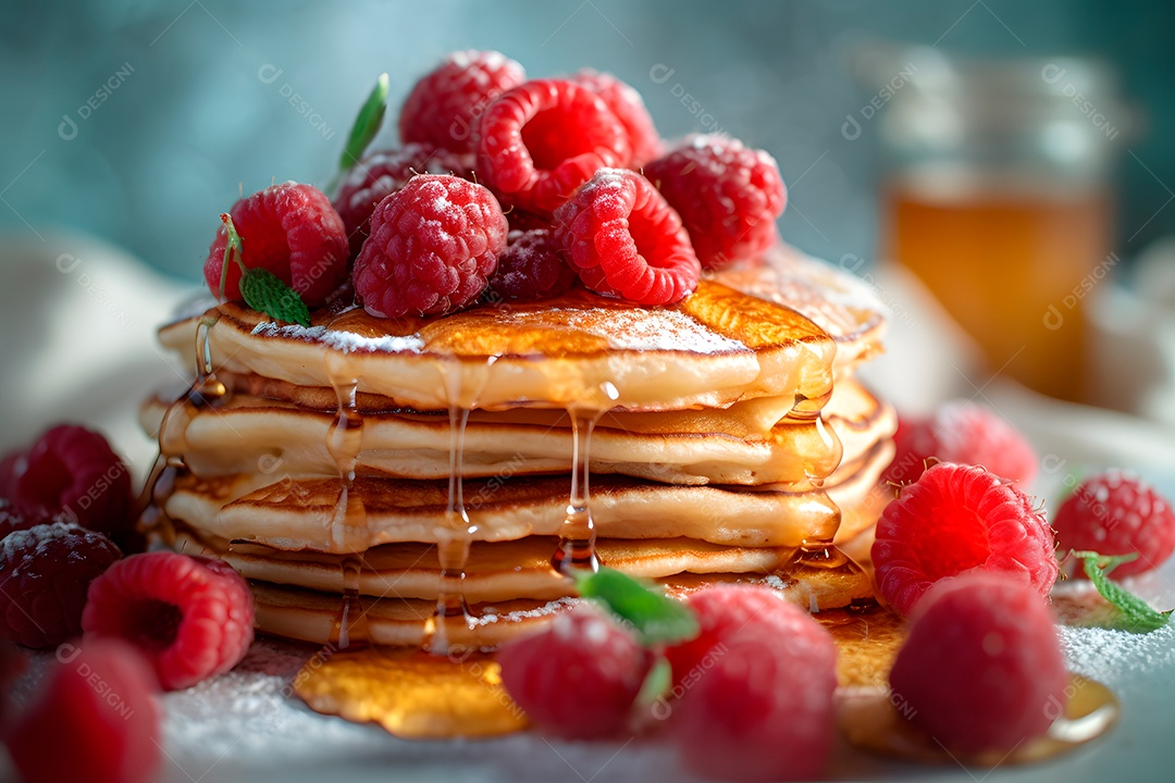 Pilha de panquecas com framboesa em um prato em mesa de café da manhã
