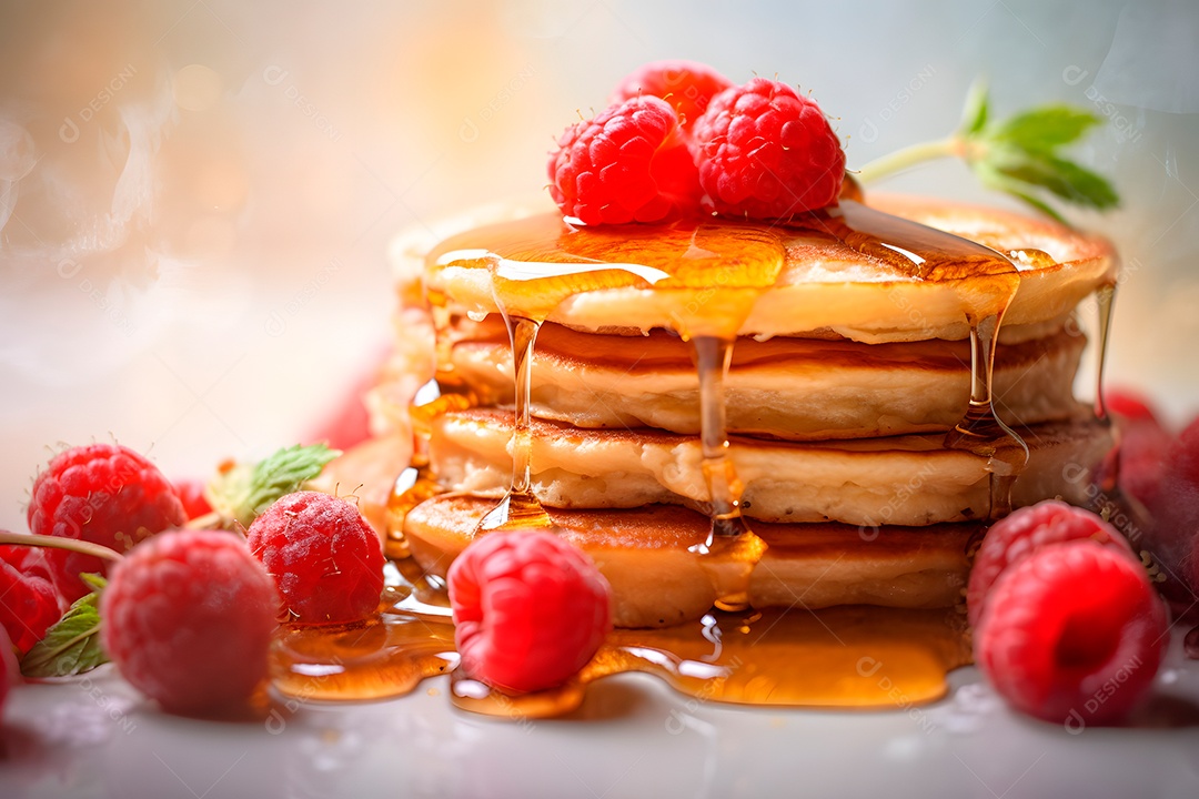 Pilha de panquecas com morangos em um prato em mesa de café da manhã