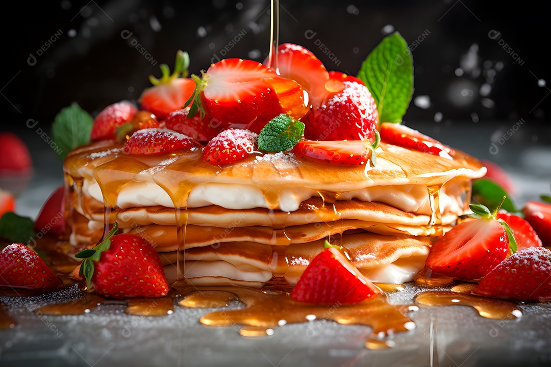 Pilha de panquecas com morangos em um prato em mesa de café da manhã