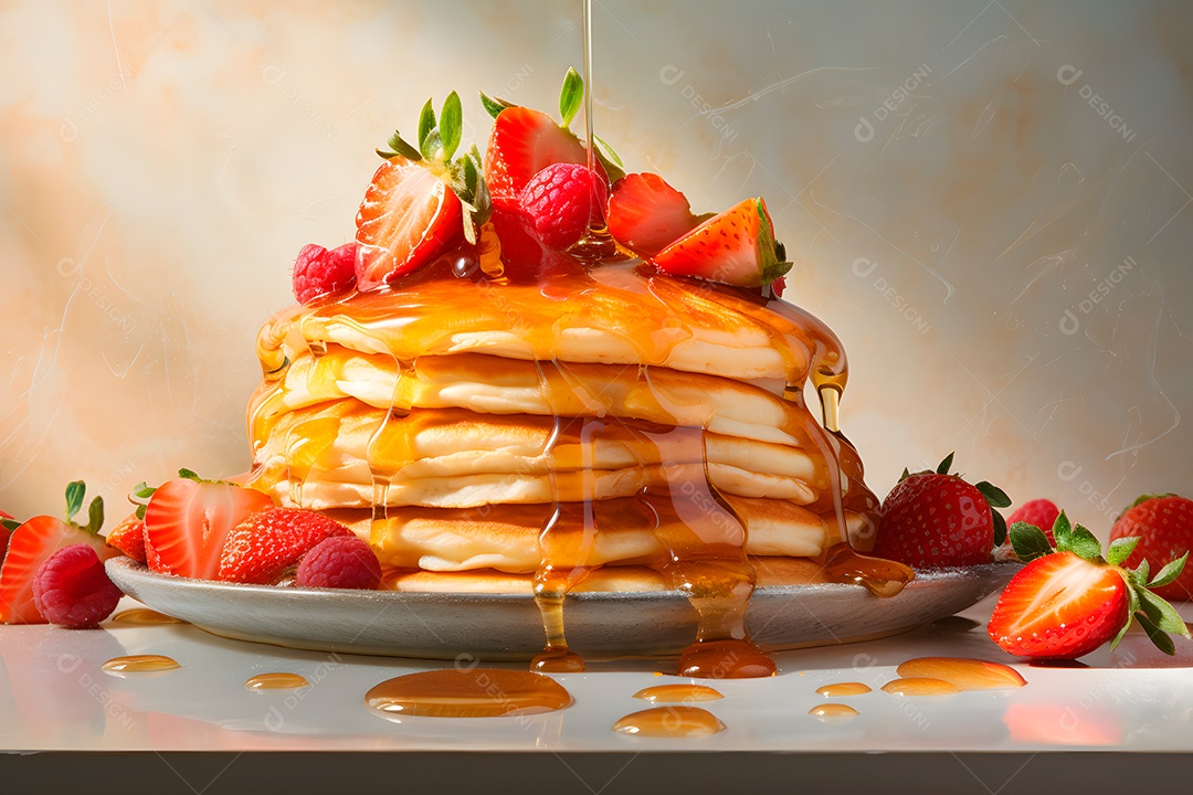 Pilha de panquecas com morangos em um prato em mesa de café da manhã