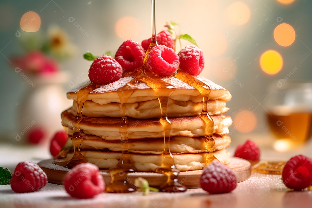 Pilha de panquecas com framboesa em um prato em mesa de café da manhã