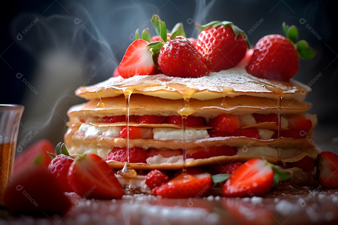 Pilha de panquecas em um prato em mesa de café da manhã