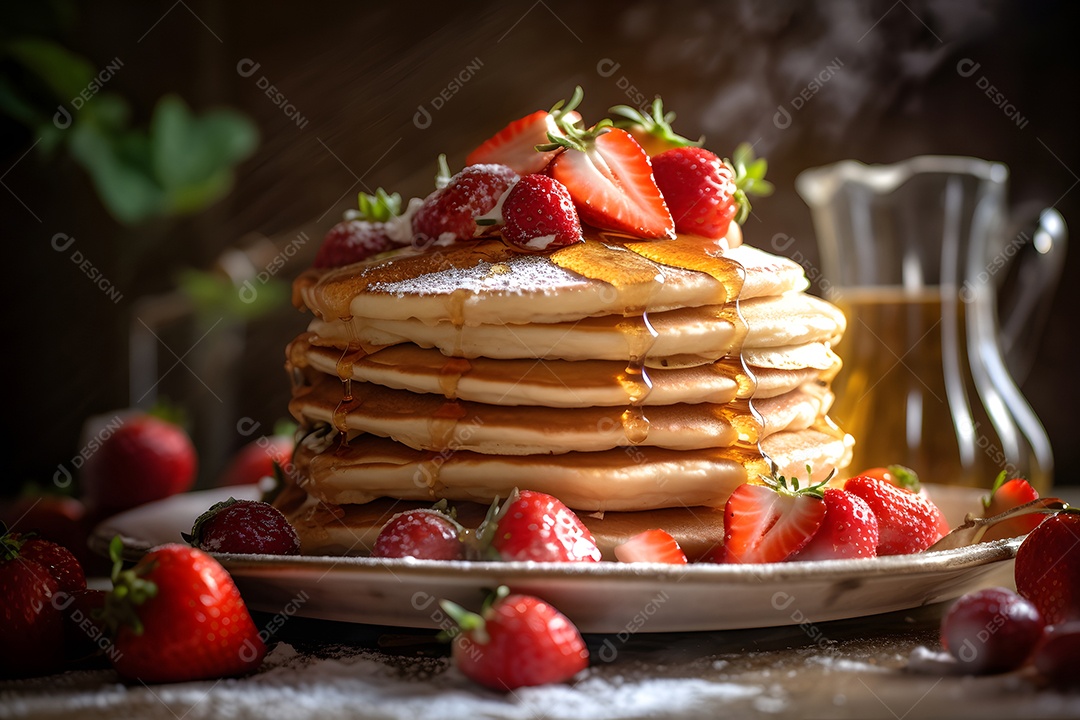 Lindas deliciosas panquecas com mel e morangos à luz do dia em estilo nórdico.