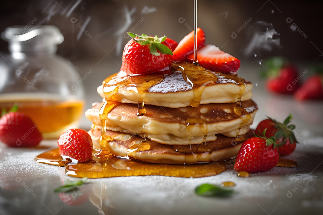 Lindas deliciosas panquecas com mel e morangos à luz do dia em estilo nórdico.