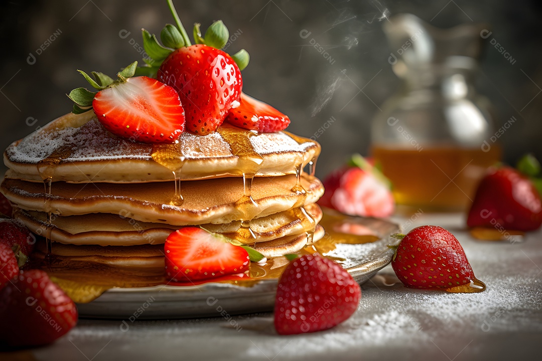 Lindas deliciosas panquecas com mel e morangos à luz do dia em estilo nórdico.