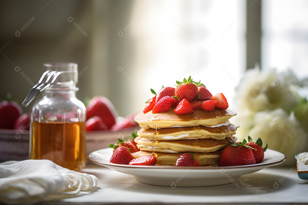 Lindas deliciosas panquecas com mel e morangos à luz do dia em estilo nórdico.