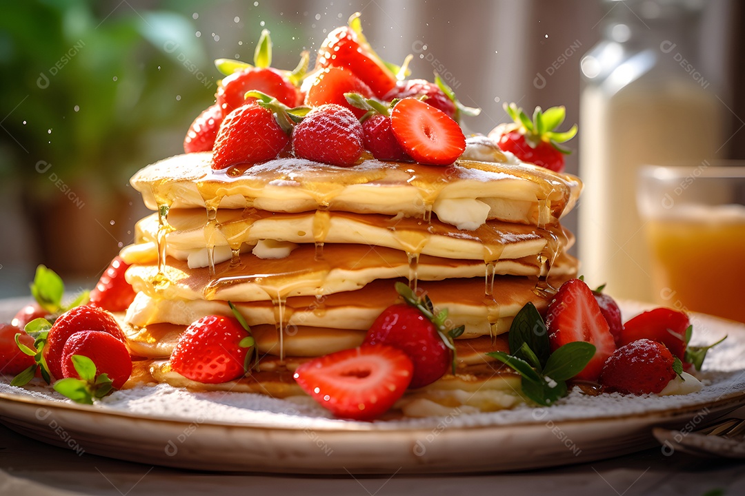Lindas deliciosas panquecas com mel e morangos à luz do dia em estilo nórdico.