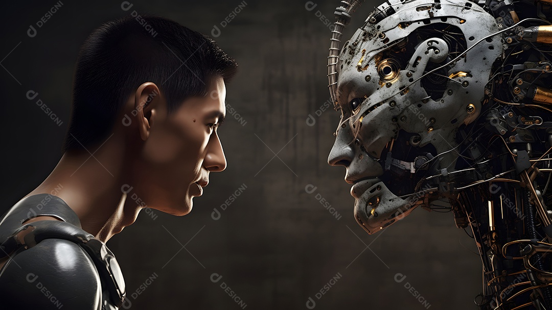 homem adulto jovem asiático versus robô olhando um para o outro, cara a cara, vista lateral.