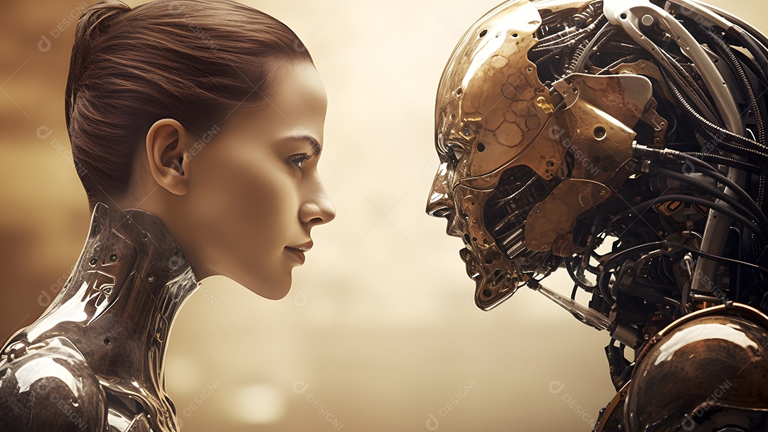 Mulher caucasiana versus robô olhando um para o outro, cara a cara, vista lateral.
