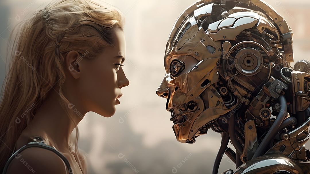 mulher caucasiana versus robô olhando um para o outro, cara a cara, vista lateral. Rede neural gerada