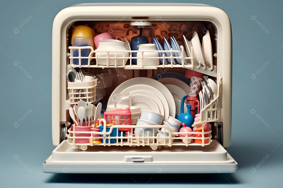 máquina de lavar louça com pratos dentro em fundo branco.