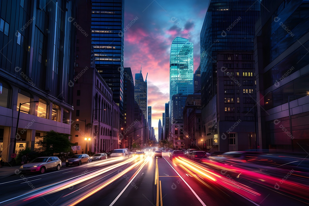 grande rua no centro da cidade noturna com trilhas de semáforos.