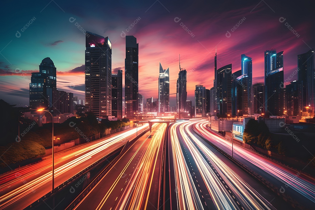 Rodovia de várias pistas com trilhas de semáforos desfocados com grande cidade noturna no centro da cidade ao fundo.