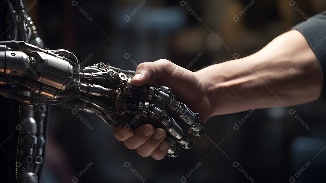 Aperto de mão de homem e robô.