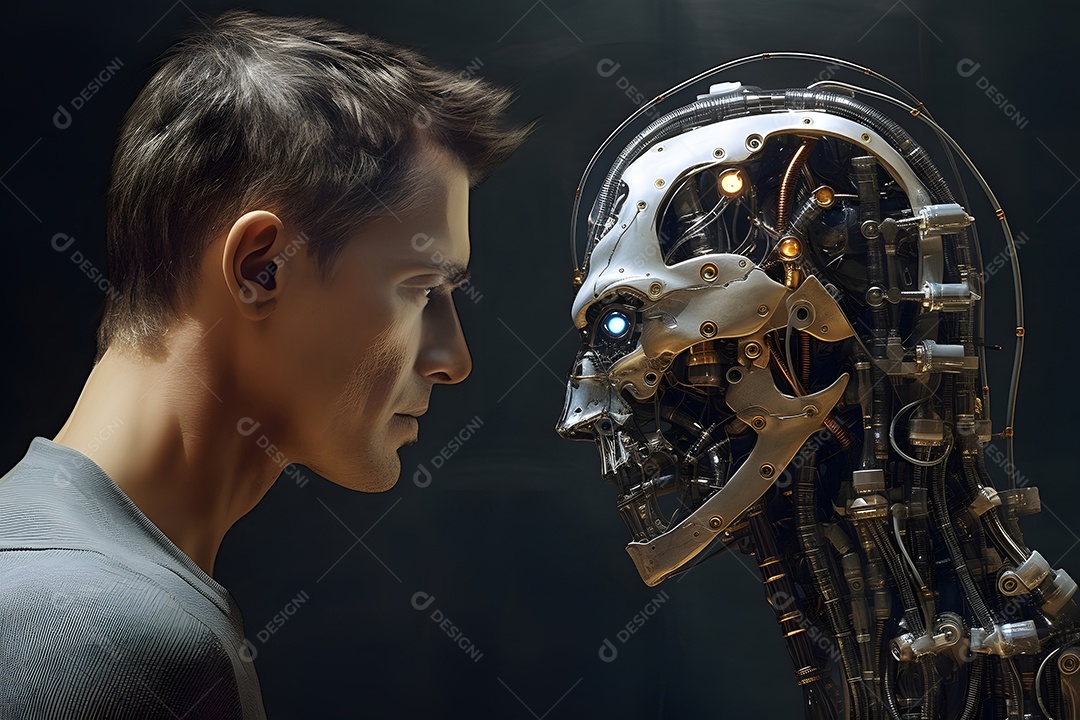 Homem afro-americano versus robô olhando um para o outro, cara a cara, vista lateral.