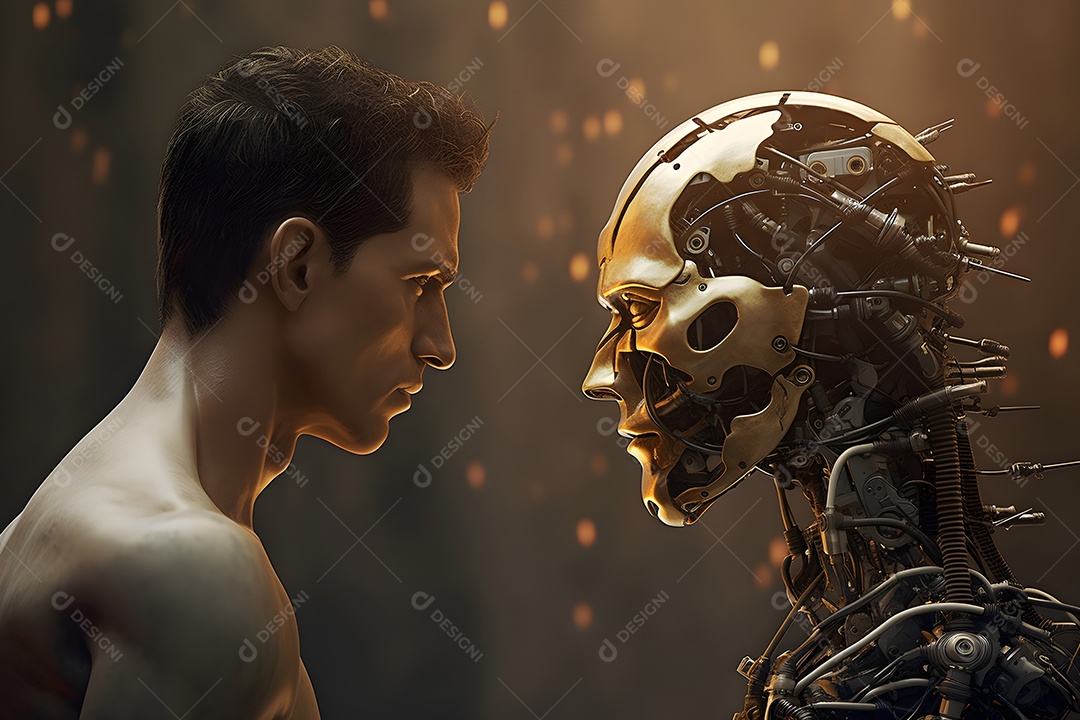 Homem afro-americano versus robô olhando um para o outro, cara a cara, vista lateral.