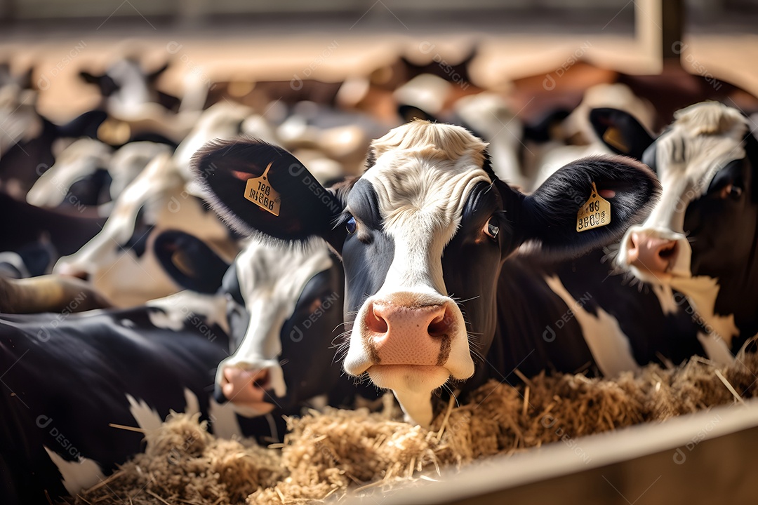 Grupo de vacas no estábulo comendo feno ou forragem na fazenda leiteira.