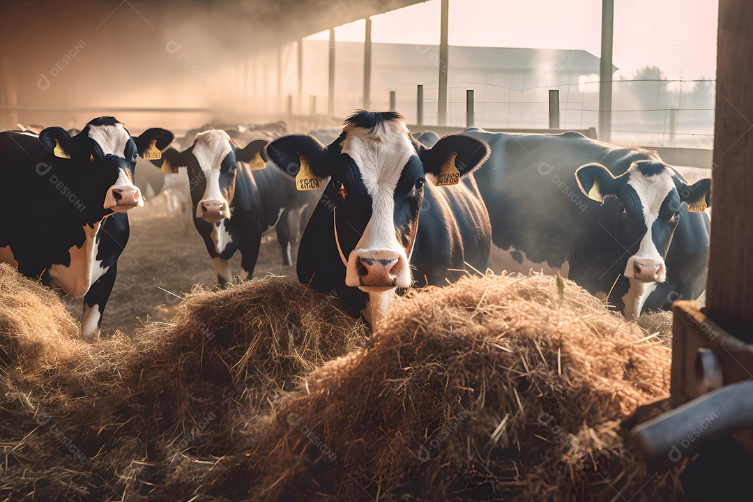 Grupo de vacas no estábulo comendo feno ou forragem na fazenda leiteira.