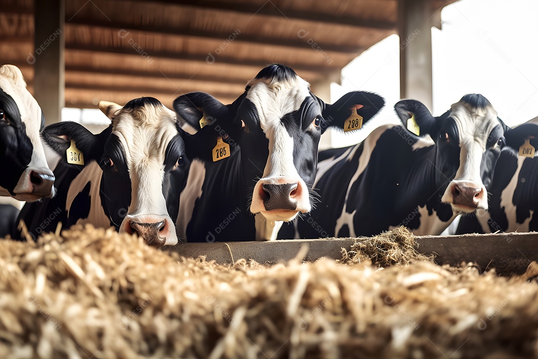 Grupo de vacas no estábulo comendo feno ou forragem na fazenda leiteira.