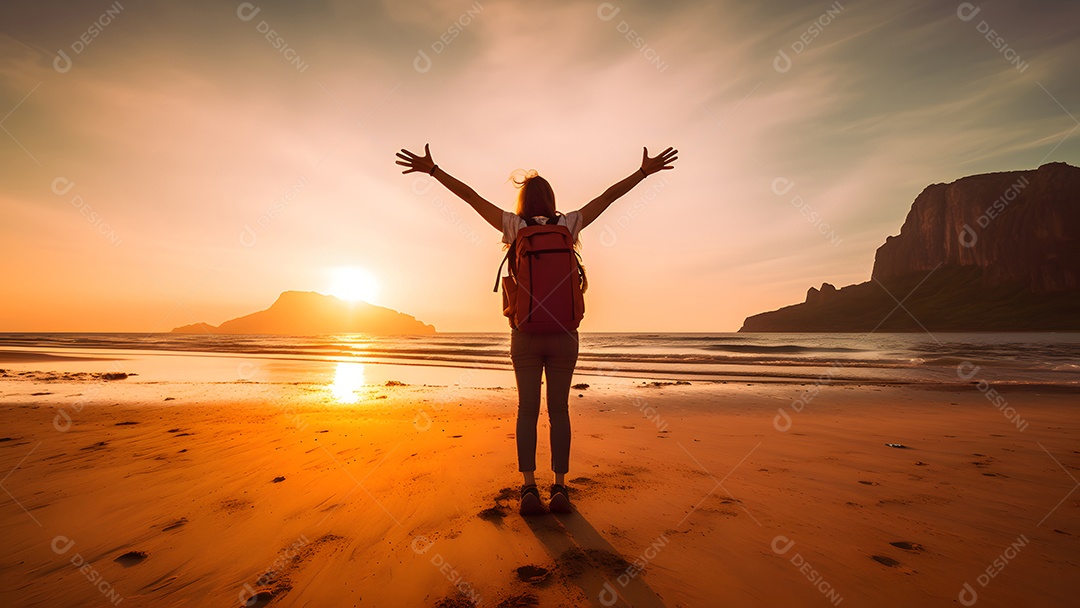 Viajante feliz desfrutando de liberdade na praia susnet - Caminhante alegre com mochila levantando as mãos ao pôr do sol.