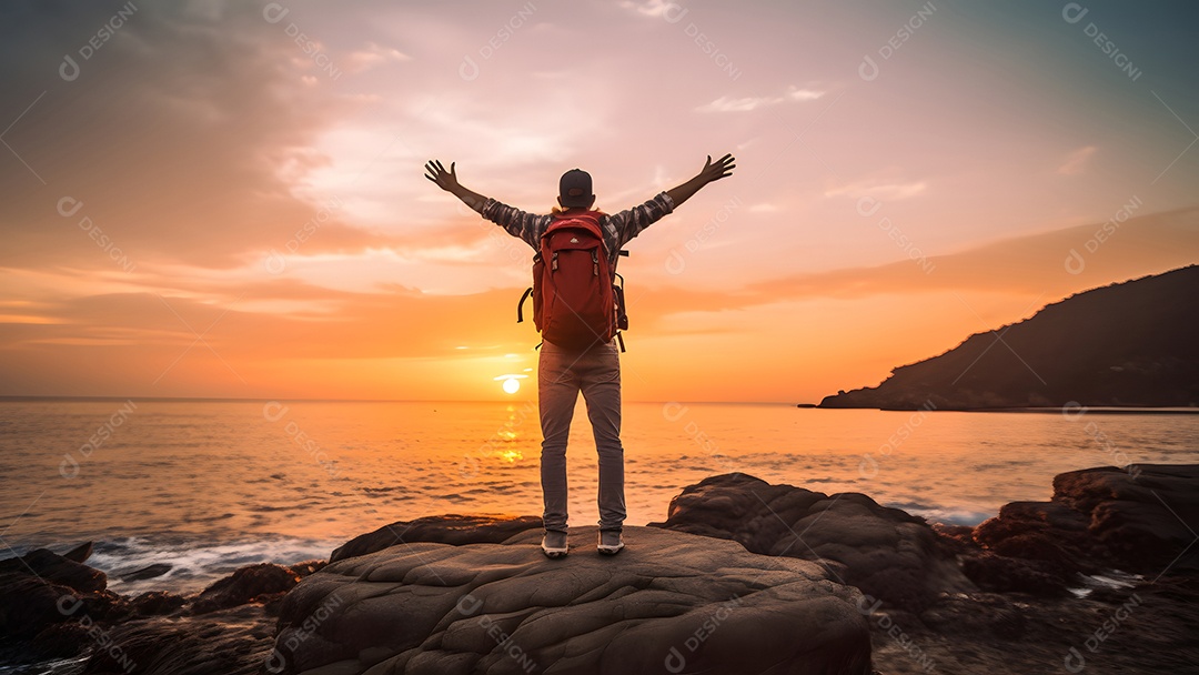 Viajante feliz desfrutando de liberdade na praia susnet - Caminhante alegre com mochila levantando as mãos ao pôr do sol.