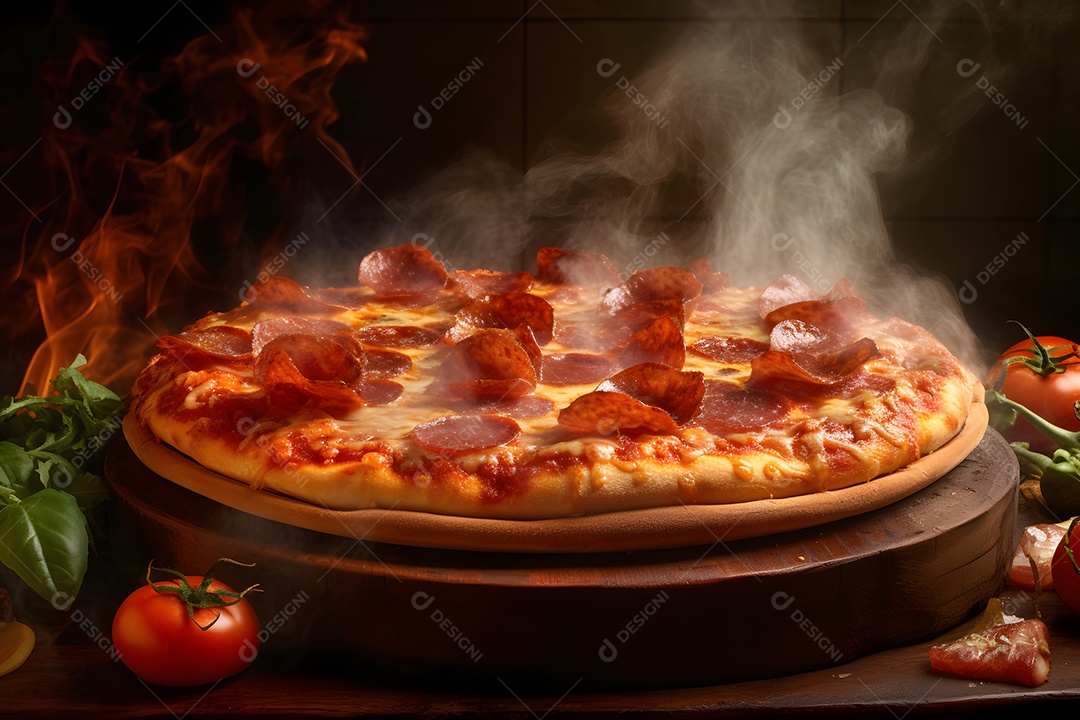 Pizza de calabresa grande quente com vapor.