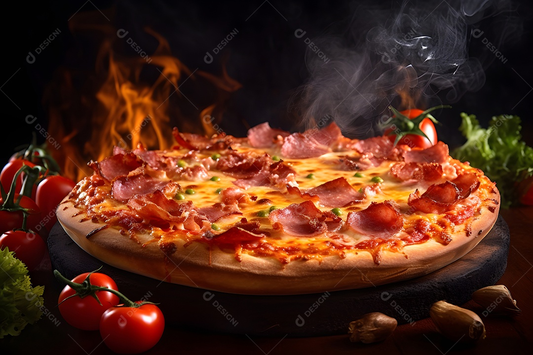 Pizza de calabresa grande quente com vapor.