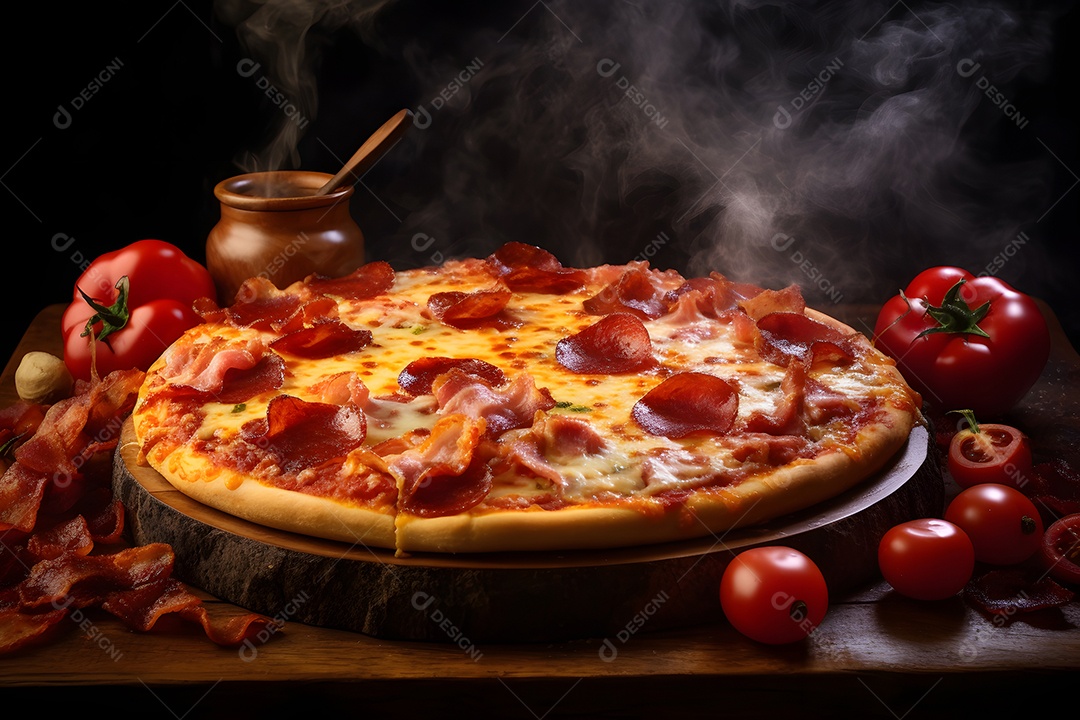 Pizza de calabresa grande quente com vapor.