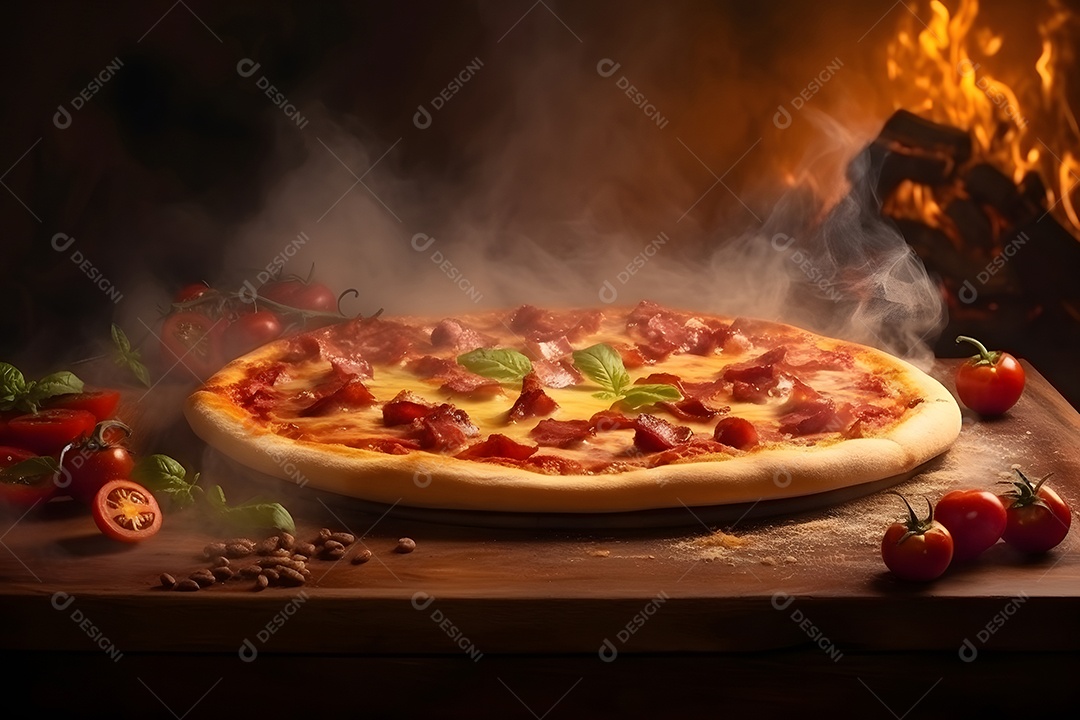 Pizza de calabresa grande quente com vapor.