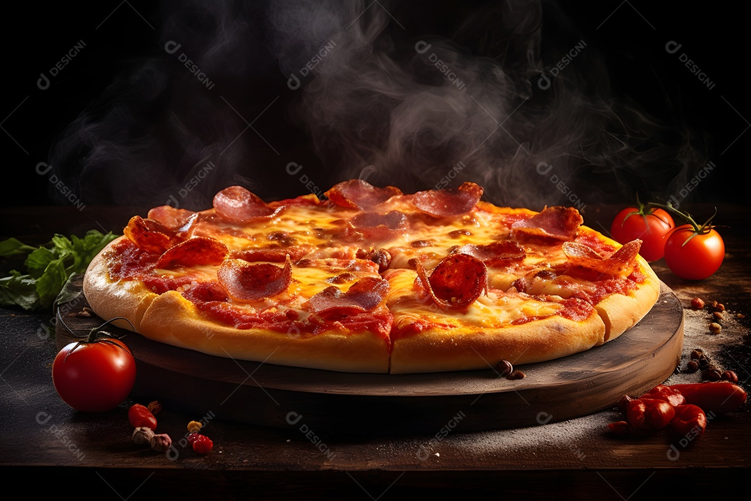 Pizza de calabresa grande quente com vapor.