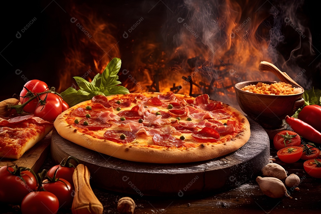 Pizza de calabresa grande quente com vapor.