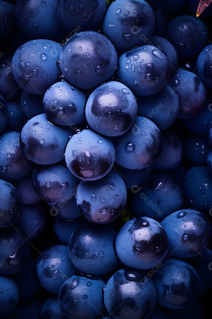 Vista de uvas roxas, altamente detalhadas.